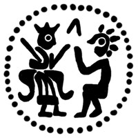 Денга (князь на троне с мечом, справа стоящий человек, буква Л, надпись не разделена). Рисунок аверса