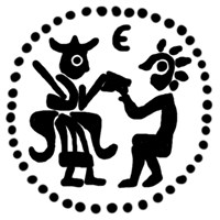 Денга (князь на троне с мечом, справа стоящий человек, буква Е, надпись не разделена). Рисунок аверса