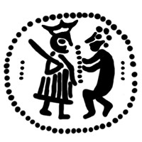 Денга (князь стоит с мечом, человек справа с предметом в виде линии из точек, строки разделены). Рисунок аверса