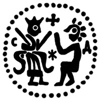 Денга (князь на троне с мечом, справа стоящий человек, буквы С-Д, крест, надпись не разделена). Рисунок аверса