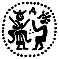 Денга (князь на троне с мечом, справа стоящий человек, буква Д, надпись не разделена). Рисунок аверса
