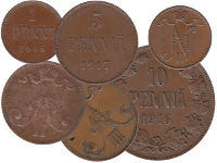 Медные монеты 1, 5 и 10 пенни