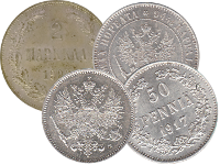 Серебряные 25 и 50 пенни, 1 и 2 марки