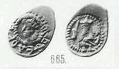 Монета Денга (голова в шапке влево и кольцевая надпись, на обороте человек с мечом)
