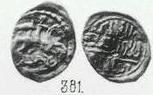 Монета Денга (всадник в плаще вправо, на обороте подражание арабской надписи). Разновидности, подробное описание