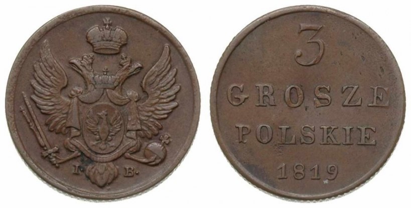 Монета 3 гроша (grosze) 1819 года (IB)