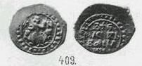 Монета Денга (князь на троне, КN, на обороте линейная надпись) . Разновидности, подробное описание