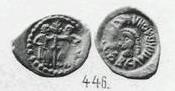 Монета Денга (голова влево, круговая надпись, на обороте два человека и дерево). Разновидности, подробное описание
