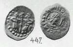 Монета Денга (голова вправо, круговая надпись, на обороте два человека и дерево)