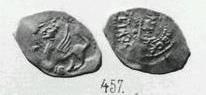 Монета Денга (голова вправо, круговая надпись, на обороте грифон влево). Разновидности, подробное описание