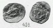Монета Денга (грифон влево, на обороте голова влево и кольцевая надпись)