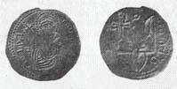 Монета Сребреник Святополка (апостол Пётр с наклонённым крестом, трезубец с большим крестом)