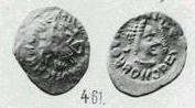 Монета Денга (всадник с копьём, КN, на обороте голова вправо, круговые надписи). Разновидности, подробное описание