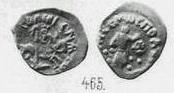 Монета Денга (всадник с копьём, КN, на обороте человек с головой в руке, круговые надписи)