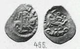 Монета Денга (всадник с копьём вправо, КН, на обороте всадник с саблей влево, круговые надписи)