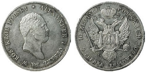 Монета 10 злотых (zlotych) 1821 года (IB)
