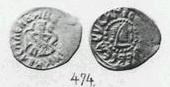 Монета Денга (князь на троне и стоящий человек, на обороте голова вправо, круговые надписи). Разновидности, подробное описание