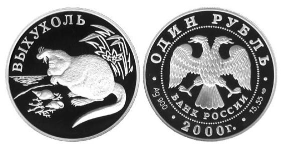 Монета 1 рубль 2000 года Красная книга. Выхухоль. Стоимость