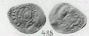 Монета Денга (голова вправо, на обороте князь с птицей, круговые надписи)