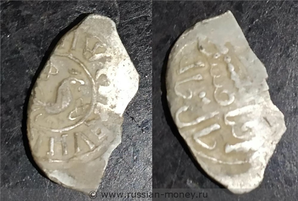 Монета Денга (петух вправо, круговая надпись, на обороте арабская надпись). Разновидности, подробное описание