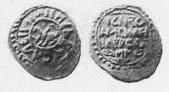 Монета Денга (грифон влево и кольцевая надпись, на обороте прямая надпись)