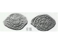 Монета Денга (всадник вправо, на обороте Сирена, надпись денга можайская с двух сторон)