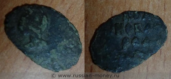 Монета Пуло новгородское (голова в короне, на обороте надпись). Разновидности, подробное описание