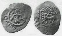 Монета Денга (стоящий человек с саблей и кольцевая надпись, на обороте зверь влево)