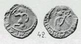 Монета Денга (бегущий воин, на обороте человек в плаще, кольцевые надписи с двух сторон)