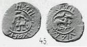 Монета Денга (стоящий воин, на обороте зверь вправо, кольцевые надписи с двух сторон)
