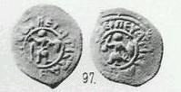 Монета Денга (воин с копьём, на обороте воин с мечом, кольцевые надписи с двух сторон). Разновидности, подробное описание