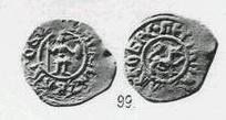 Монета Денга (воин с копьём, на обороте зверь вправо, кольцевые надписи с двух сторон)