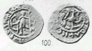 Монета Денга (человек с луком и копьём, на обороте зверь вправо, кольцевые надписи с двух сторон)