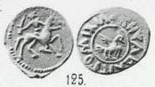Монета Денга (всадник с мечом вправо, на обороте птица вправо и кольцевая надпись). Разновидности, подробное описание