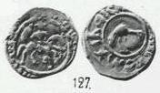 Монета Денга (всадник с мечом вправо, на обороте журавль и кольцевая надпись)