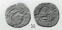 Монета Денга (голова в шапке, на обороте человек с мечом, кольцевые надписи с двух сторон). Разновидности, подробное описание