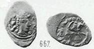 Монета Денга (голова в шляпе вправо, на обороте всадник с саблей и кольцевая надпись). Разновидности, подробное описание