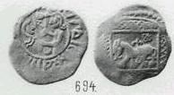 Монета Денга (человек с секирой и мечом, кольцевая надпись Князь Михаил, на обороте зверь)