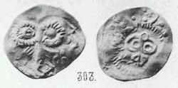 Монета Надчекан (тамга с надписью, на обороте тамга со штрихами и головами внутри)