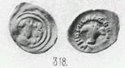 Монета Денга (грифон влево, на обороте птица влево и надпись)