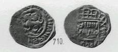 Монета Денга (зверь влево и голова, кольцевая надпись, на обороте арабская надпись)