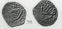 Денга (зверь влево и голова, кольцевая надпись, на обороте арабская надпись и тамга) 