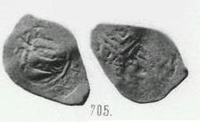 Монета Денга (птица влево и кольцевая надпись, на обороте подражание арабской надписи). Разновидности, подробное описание