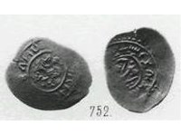 Монета Денга (птица вправо и кольцевая надпись, на обороте человек с секирой и мечом)