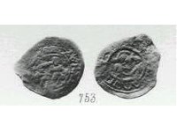 Монета Денга (всадник вправо и кольцевая надпись, на обороте человек с секирой и мечом)