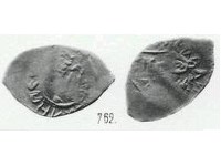 Монета Денга (человек с секирой вправо, на обороте арабская надпись, кольцевые надписи с двух сторон)