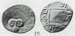 Монета Денга (титул князя вокруг рамки, на обороте надчекан тамги). Разновидности, подробное описание