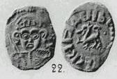 Монета Денга (князь Довмонт и буква Л, на обороте барс влево)