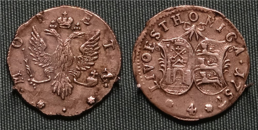 Монета 4 копейки 1757 года (1/24 ливонеза). Разновидности, подробное описание