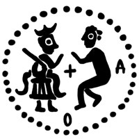 Денга (князь на троне с мечом, справа стоящий человек, буквы Д-О, крест, надпись разделена). Рисунок аверса